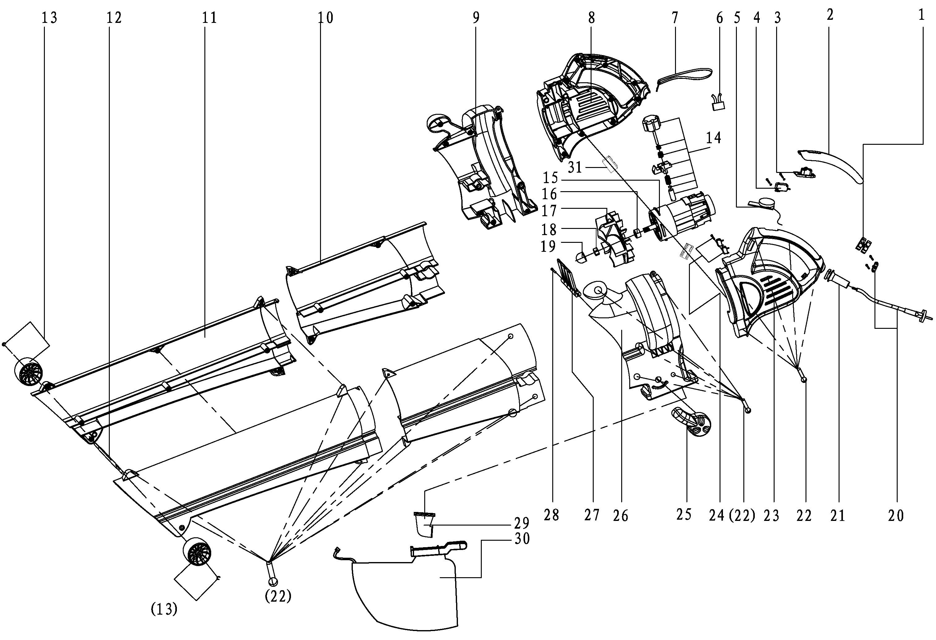 Default Diagram and Parts List for BV2200-B2C Type 1 Black and Decker Leaf Blower / Vacuum
